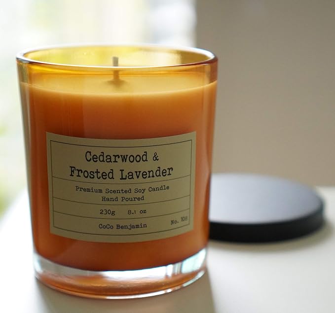 100% Natural Soy Wax Candle by CoCo Benjamin - Highly Scented & Hand-Poured Luxury Candle (Cedarwood & Frosted Lavender) - Clean Burning Cotton Wick