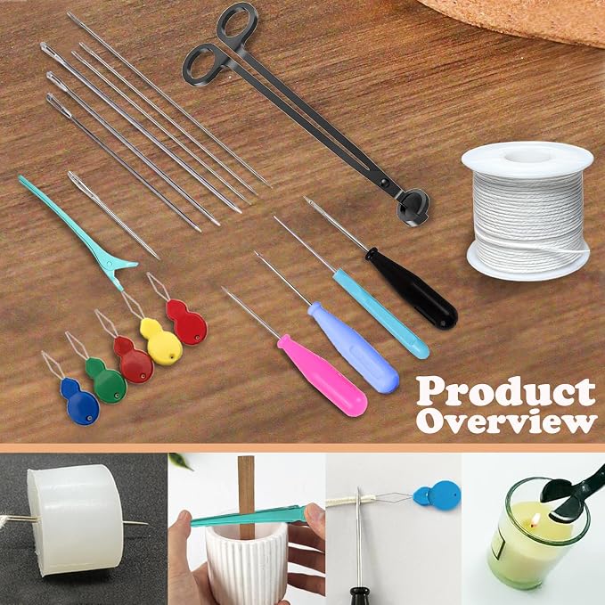 TYMKLMZG Candlewick Needle Kit with Candle Wick Trimmer 7",Mold Hook Punch Needle with Hook & Eye for Inserting Wick,Big Hole Long Needle,Candle Wick Roll 200 Ft 24 Wick Spool,Threader,Wick Holders