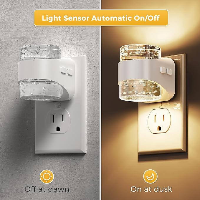 L LOHAS LED Night Light, 3000K Bubble Night Lights Plug into Wall, 2 Pack Acrylic Night Lights with Light Sensor, Adjustable Brightness,Soft White Plug in Nightlights for Rooms Bathroom Hallway