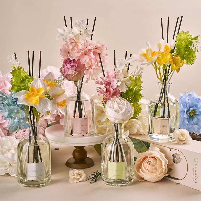 COCORRÍNA Reed Diffuser - Cherry Blossom 8.5 Fl.oz Flower Diffuser with 8 Sticks, Reed Diffusers for Home Bathroom Shelf Decor
