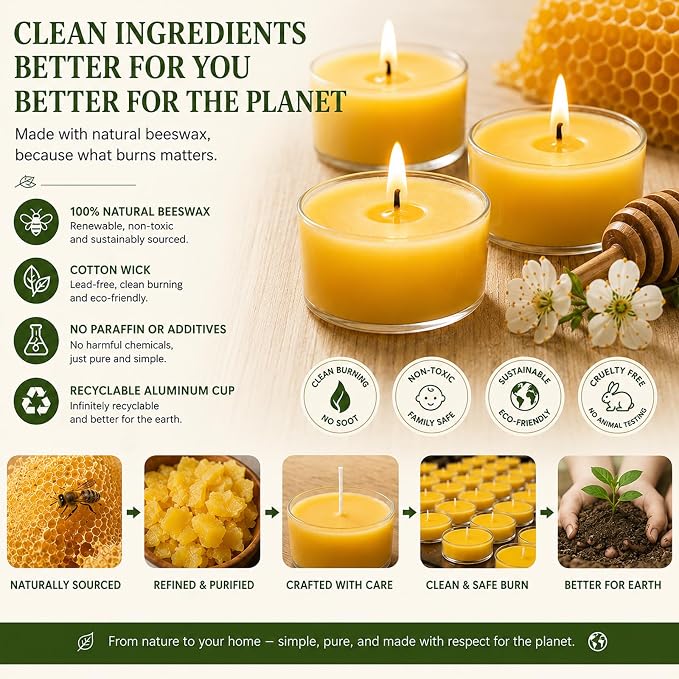 Beeswax Tea Candles 12 Pack, Non Toxic Bees Wax Tealight Candle for Home with 4 Hour Burn Time, Natural Tea Light Bulk for Emergency, Organic Yellow Candle for Relaxing, Meditation