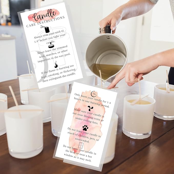Handmade Candle Care Instruction Card | 50 Pack | for Handmade Candle Makers Soy Bees Wax Coconut Essential Oils | White and Watercolor Card
