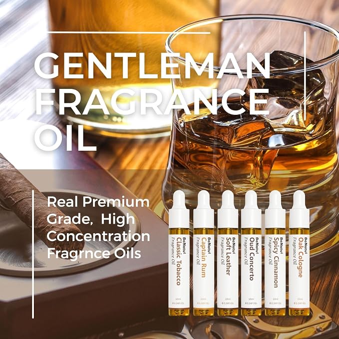 Benatu Gentleman Premium Fragrance Oils Set for Diffuser - Men Scents Perfume Oil Gift for Home (Classic Tobacco, Captain Rum, Soft Leather, Oud Concerto, Spicy Cinnamon, Oak Cologne) 6 Pcs