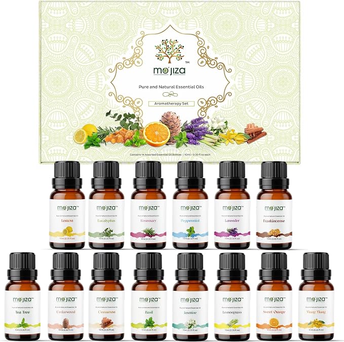 MO'JIZA Pure Aromatherapy Essential Oils Gift Set, 14 Oils-Jasmine, Lemon, Basil, Ylang Ylang, Cedarwood, Cinnamon, Lavender, Tea Tree, and More, 10ml Each. Certified Kosher, Vegan & Cruelty Free