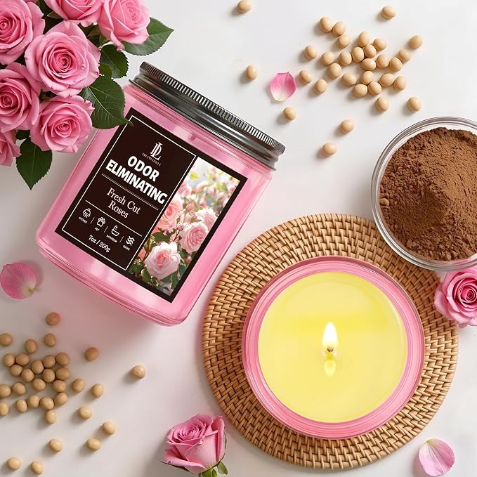 Fresh Cut Roses Odor Eliminating Candle, Romantic Floral Scent for Bedroom & Bathroom, Gently Covers Everyday Odors, Air Freshing Scented Candles, Soy Candle Gifts for Women Men, 7oz