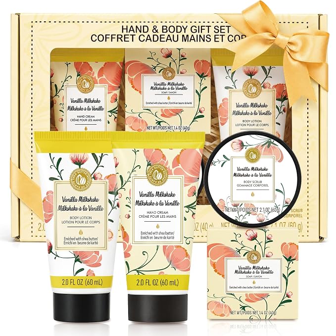 BODY & EARTH # LOVE Hand Cream Gifts Set for Women, 4PCS Vanilla Spa Gifts with Hand Cream, Body Lotion, Body Scrub, Soap, Bath and Body Gift Sets for Women Birthday Gift for Her