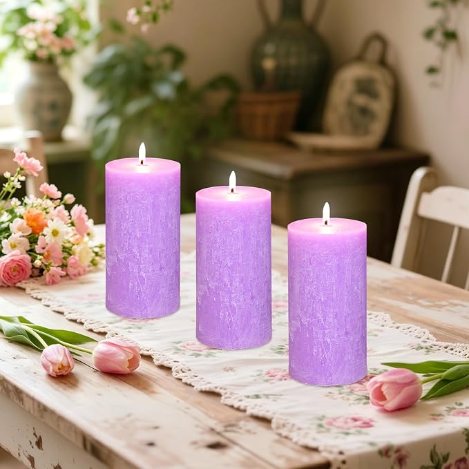 Lavender Scented Pillar Candles, Purple Burning Candle Set of 3, Dripless, Smokeless and Large Wax Candle for Wedding, Home Decoration, Parties, Spas, Dinner