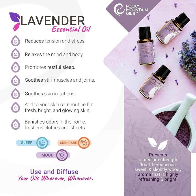 Rocky Mountain Oils Lavender Essential Oil - Diffuser Oil, Pure Essential Oils for Diffuser and Aromatherapy, Perfect for Hotel, Spa, Sleep Diffuser Oil