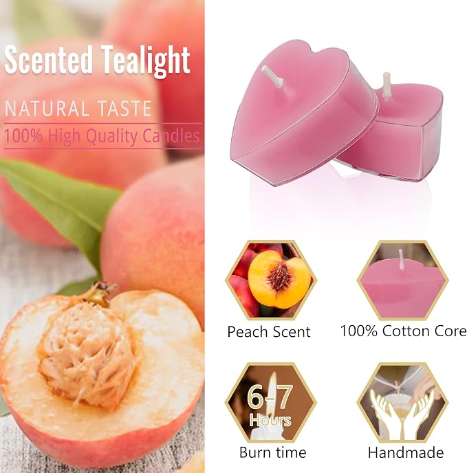 Tea Lights Candles Set of 24, Blush Pink Heart Tealight Candle, Peach Scent Tea Candles, Long Burning Tea Lights for Wedding Dinner Table Ambiance Home Decor