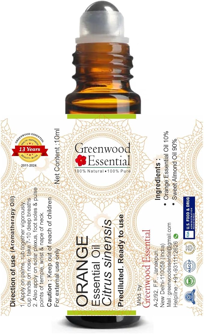 Greenwood Essential Orange Essential Oil (Citrus sinensis) Pre Diluted Ready to Use Roll-on Blend for Aromatherapy and Topical Skin Application for Kids and Adults 10ml (0.33 oz)