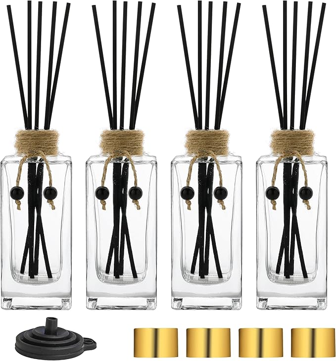 Glass Reed Diffuser Set of 4 - 5oz/155ml Clear Empty Essential Oil Diffuser Bottles with Caps and Reeds - Decorative Bottle Set - Bulk Reusable Apothecary Perfume Jar Gift