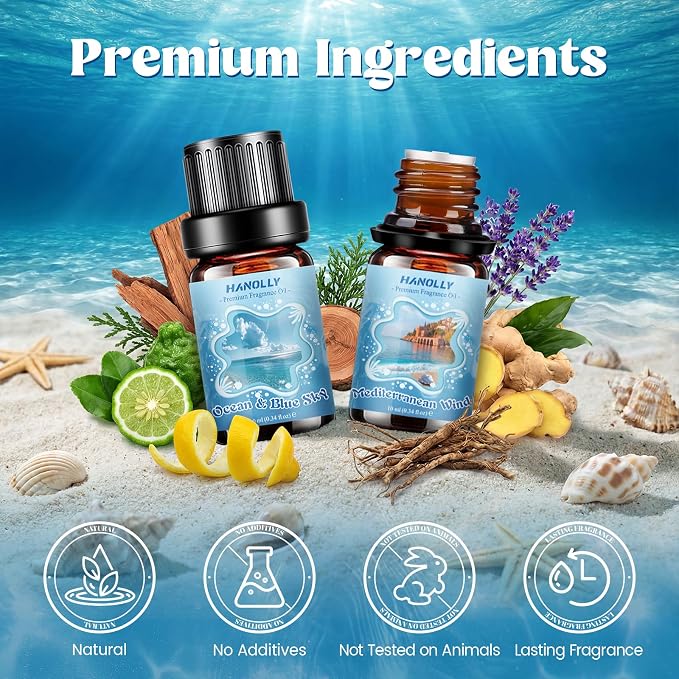 Ocean Essential Oils Set, Summer Essential Oils for Diffusers for Home, Beach Fragrance Oils for Candles & Soap Making, Scented Oils for Blue Sky, Wind, Coast, Sunshine & Fruit, Fresh Beach, Myrtle