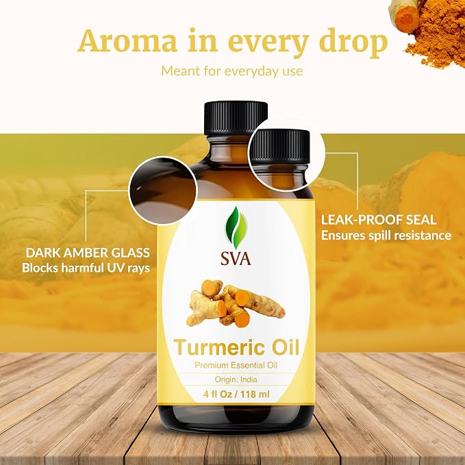 SVA Turmeric Essential Oil 4 Fl Oz – for Diffuser, Skin & Hair Care – Ideal for Massage & DIY Blends - with Dropper