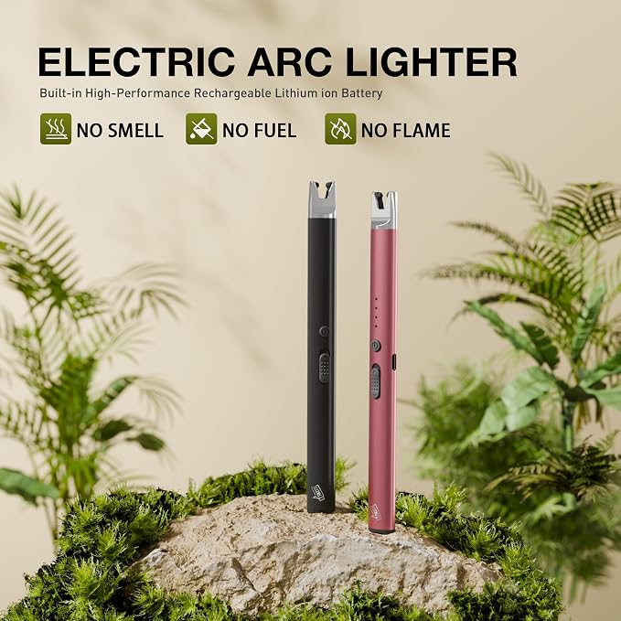 2 Pack Electric Candle Lighter Long Stem,Rechargeable Plasma Arc | USB-C Charging,Flameless Windproof with Safety Lock for Candles, Gas Stoves,Camping,Firestarter, Gift Set (Black, Rose Gold)