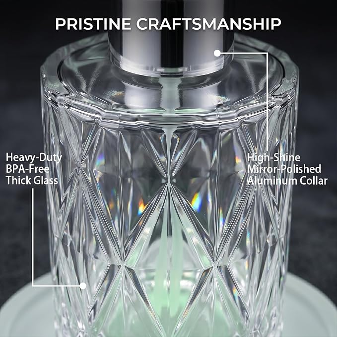 Glass Reed Diffuser Bottle Diamond Jar for Home Aromatherapy, Nightlight Glow Coaster & Cap, Luxury Bathroom Decor, Pairs with Soap Dispenser, 6.8oz Clear（Reeds Not Included）