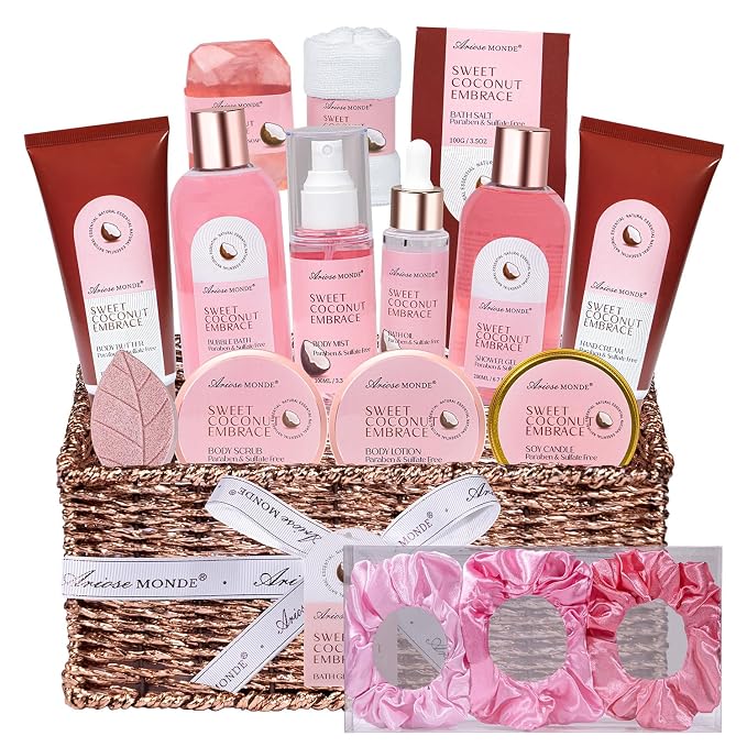Mother‘s Day Gift Baskets for Women, Spa Gifts for Women, 17pcs Coconut Spa Gift Set with Body Lotion, Bubble Bath, Relaxing Bath Set, Birthday Christmas Gifts for Her, Mom, Wife, Sister