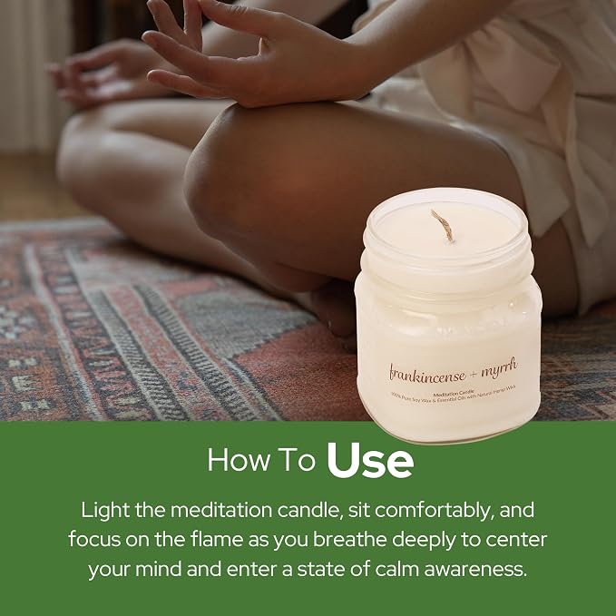 Meditation Soy Wax Candle, Relaxing and Banishing Negative Energy, Non-Toxic Handpoured Glass Jar Candle - Clean Burning, Long Lasting, Candles for Home, Fragrance (Frankincense + Myrrh)