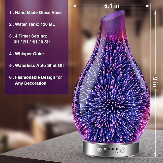 MAXWINER Essential Oil Diffusers Ultrasonic 3D Glass Aromatherapy Diffuser, Auto Shut-Off, Timer Setting, 7 Colors LED Lights Changing for Home, Office, Spa 120ml