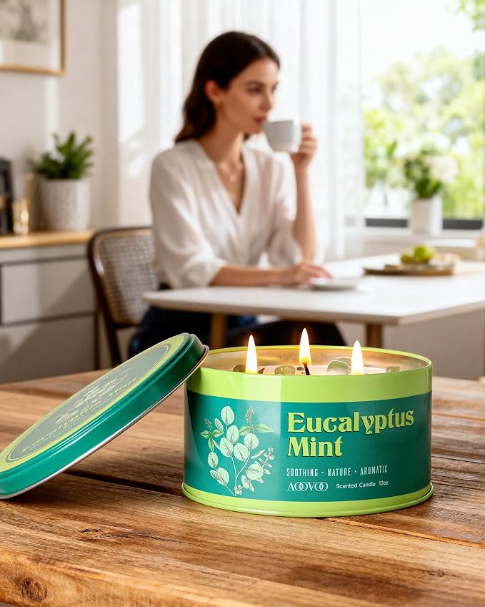 AOOVOO Eucalyptus Mint Candle for Relaxation - 3 Wick 12oz Large Scented Candle with Green Aventurine & Eucalyptus Leaves Inside, Soy Candles Non Toxic for Meditation, Stress Relief, Energy Cleansing