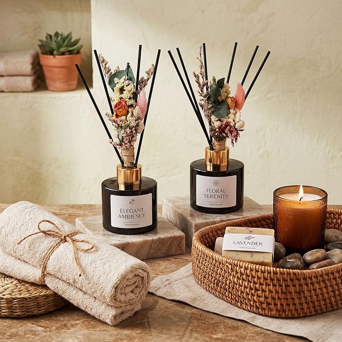 Rtteri 2 Reed Diffuser Sets Flower Oil Diffuser Sticks with Refill Empty 5oz Bottles Scent Glass for Fragrance Home Bathroom Gifts, Oil Not Included(Black Color)