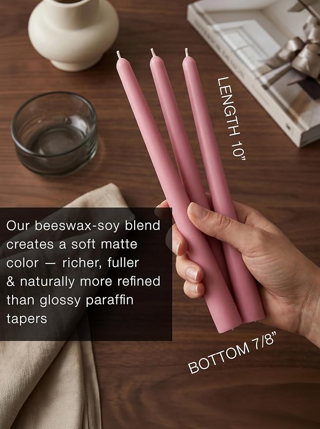 6 PK 10" Classic Taper Candles, Dusty Rose Pink, 7-8 Hours Long Burning, Unscented Tall Candlesticks