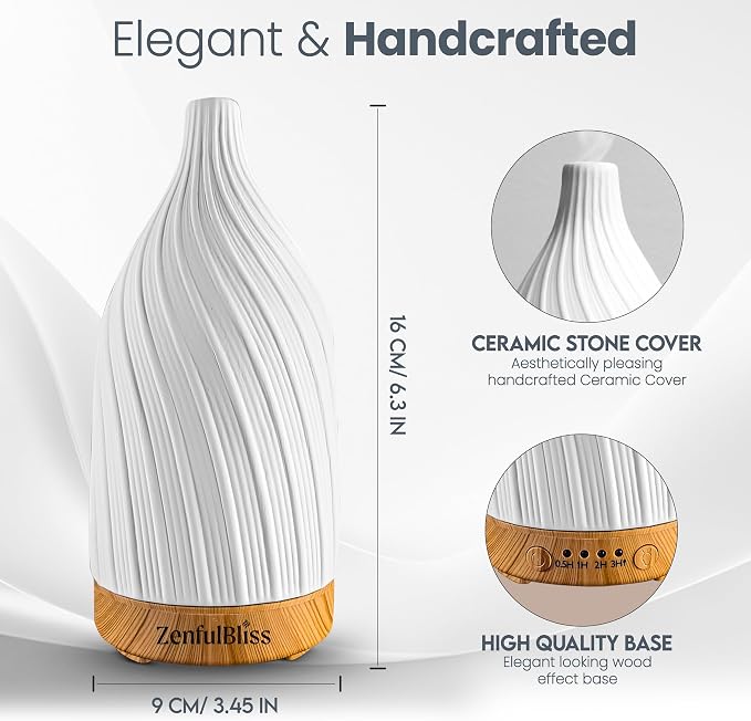 Ceramic Essential Oil Diffuser – 100ml Handcrafted Ultrasonic Aroma Diffuser with 7 LED Colors, Auto Shut-Off When No Water & Quiet Operation – Stone Diffuser for Home, Office & Bedroom
