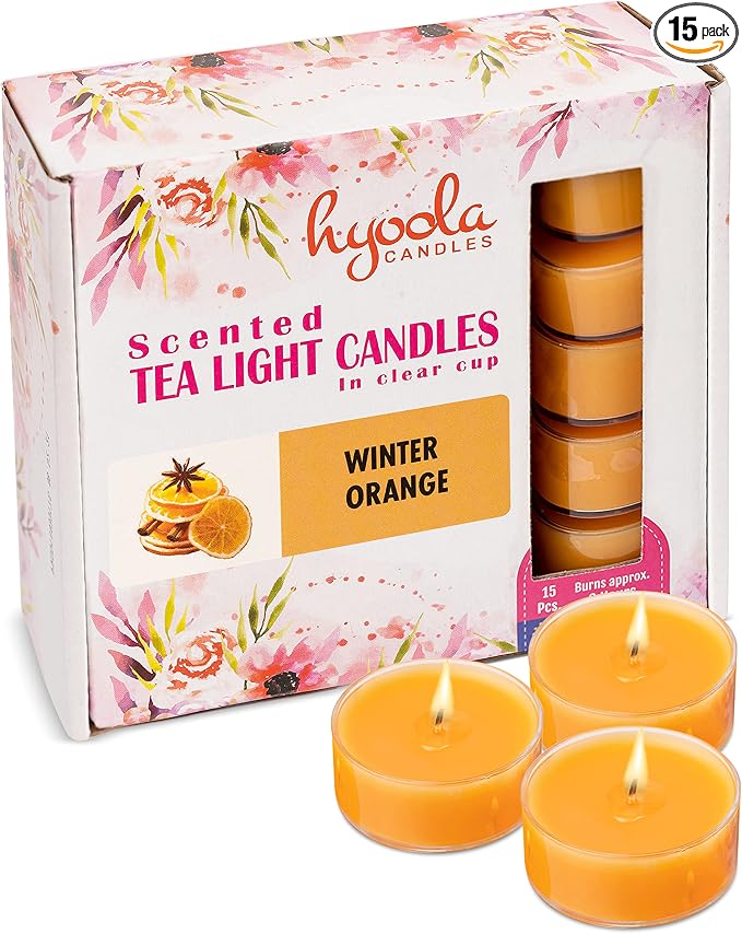 HYOOLA Scented Tealight Candles - Clear Cup - Winter Orange Tealight Candles Scented - 6 Hour Burn Time - 15 Pack - European Made