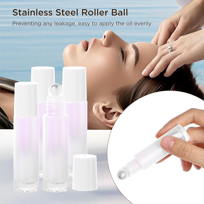 SESENSE Essential Oil Roller Bottles, 10ml Thick Glass Perfume Roller Bottles with Funnel Opener and Dropper Colored Glass Empty Bottles with Stainless Steel Roller Balls (White, 12 Pack)