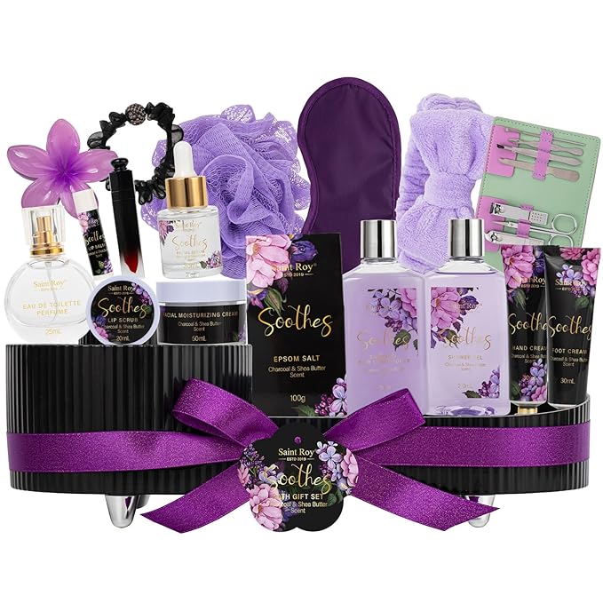 26 Pcs Spa Bath and Body Gift Basket, Spa Kit Gift Set, CHARCOAL & SHEA BUTTER Bath & Body Gift Makeup Organizer, Spa Gift Basket, Face Skin Care Kit, Lip Self-Care, Serum, Birthday, Christmas