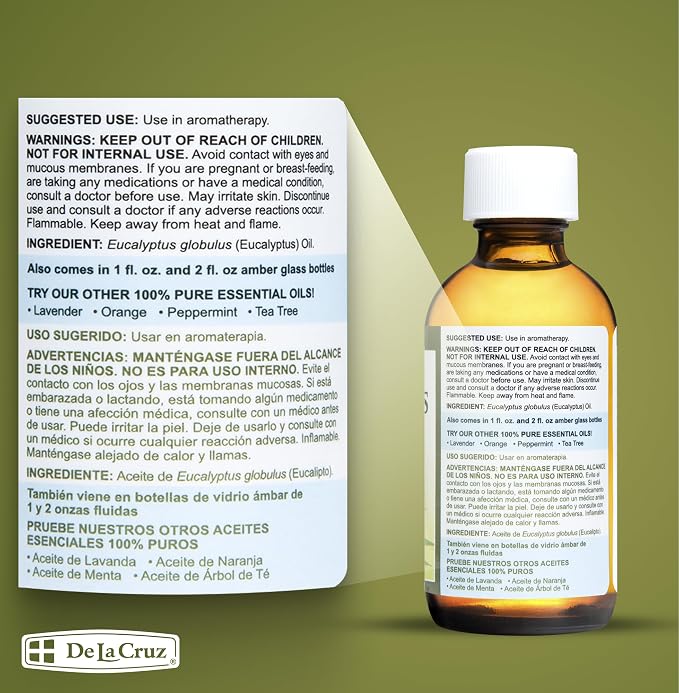 De La Cruz Eucalyptus Essential Oil, 100% Pure Steam Distilled Eucalyptus Globulus, Eucalyptus Oil, Eucalyptus Essential Oil for Diffuser, 4 FL OZ, Aromatherapy, Tree Oil,Long Lasting Scent