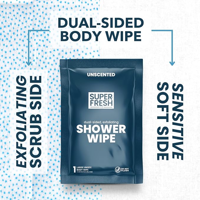 Super Fresh Shower Wipes Large Unscented Body Wipes for No Rinse Bathing Personal Hygiene Gym Travel or Camping Enriched with Aloe and Vitamin E 50 Individually Wrapped Disposable Sheets