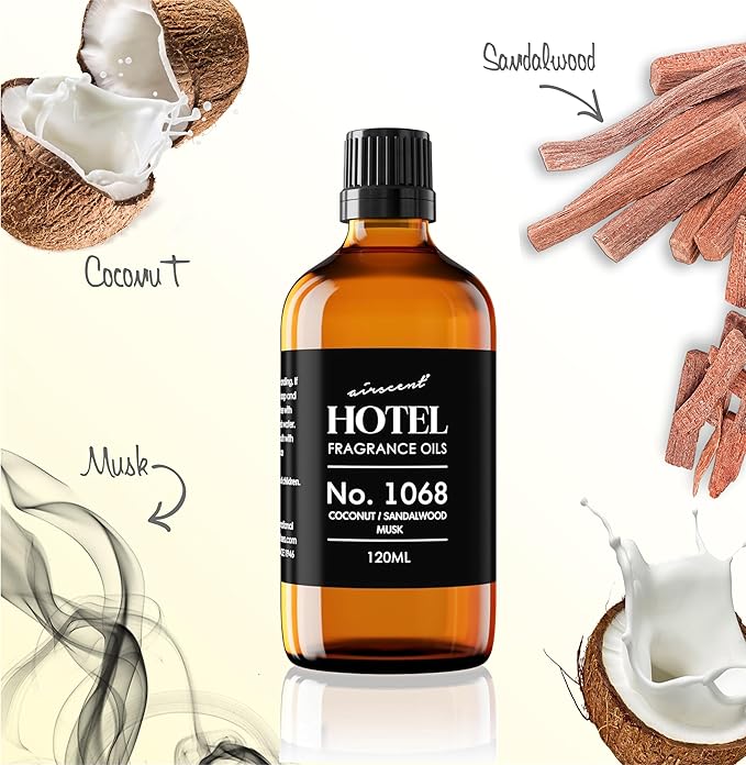 AirScent Hotel Diffuser Oil No. 1068 - Coconut Pina Colada Sandalwood - Premium Fragrance Oil for Ultrasonic and Waterless Diffusers and Crafting - 30 mL, 1 fl oz Glass Dropper Bottle