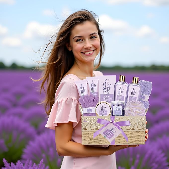 Lavender Bath and Body Gift Basket, Face Skin Care Set, Spa Kit, Self-Care | Bath Gift Baskets, Spa Gifts for Women, Spa Kit, Spa Gifts for Women Bath and Body Lavender Honey Gift Set, Mom, Girlfriend