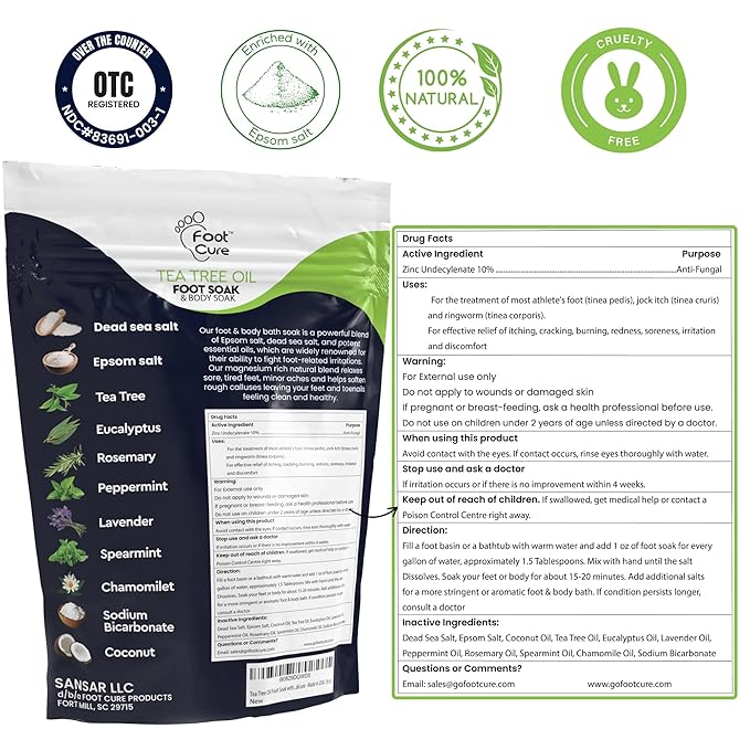 Tea Tree Oil Foot Soak with Epsom Salt - For Toenail Repair, Athletes Foot, Softens Calluses, Soothes Sore & Tired Feet, Nail Discoloration, odor Scent, Spa Pedicure Care - Made in USA 16 oz