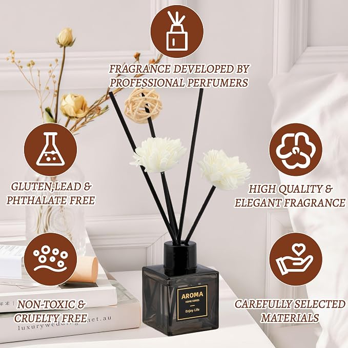 Black Glass Bottle Scent Diffuser, 1.7 oz Reed Diffuser with Sticks, Home Fragrance for Bookshelf, Bedroom Vanity, Office Desk & Bathroom Decor, Air Freshener for Aesthetic Room Decor (Zen Tea)