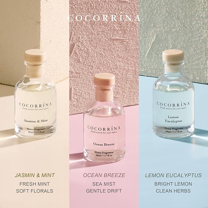 COCORRÍNA Eucalyptus Reed Diffuser Set of 3 - Lemon Eucalyptus, Jasmine & Mint, Ocean Breeze Scents, 1.7 fl oz Each, Total 5.1 oz, Scented Oil Diffusers for Home & Office