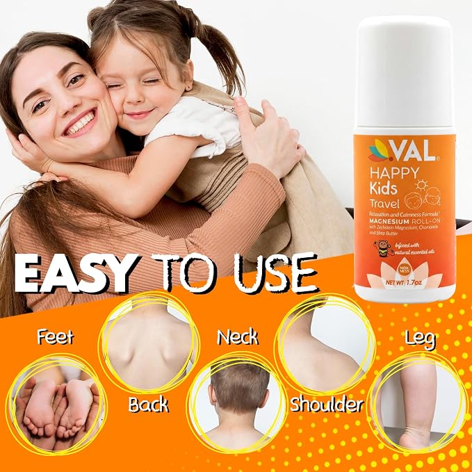 VAL Happy Kids Travel Magnesium Roll-On, Relaxation & Calmness Formula for Kids, Zechstein® Magnesium with Chamomile & Shea Butter, Topical Roll-On, 1.7 oz