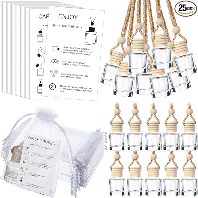 Boao 25 Sets Hanging Car Air Freshener Diffuser Bottles Empty Bulk with Car Diffuser Instruction Cards Organza Bags Glass Refillable Essential Oil Fragrance Aromatherapy Pendant (Cylindrical)