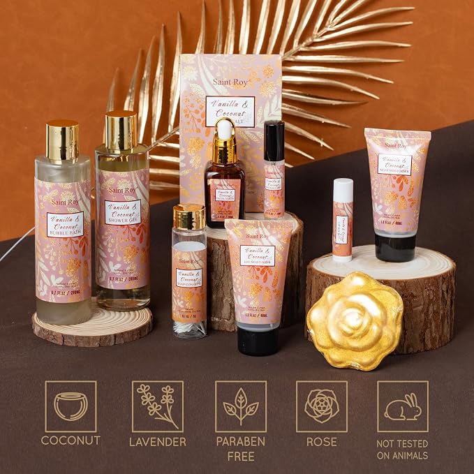 Spa Gift Basket for Women, 16 Pcs Coconut Vanilla Bath and Body Gift Basket Set Face Skin Care Kit Christmas, Valentines Day Gift for Mom, Birthday Gifts for Her, Wife, Mom Makeup Storage