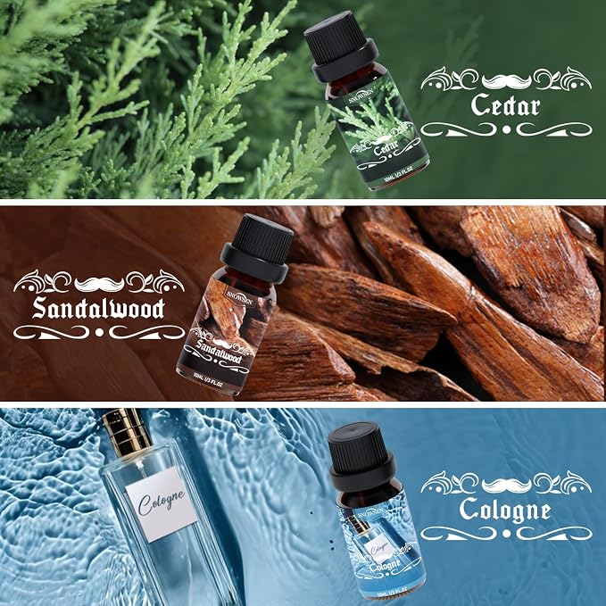 Men Diffuser Oils Gift Set for Father's Day & Birthday, SNOWSEN Gentlemen's Essential Oil for Diffuser Candles Scents & Perfume, Sandalwood, Cologne, Smoked Ebony, Amber Rum, Cedar, Sweet Tobacco