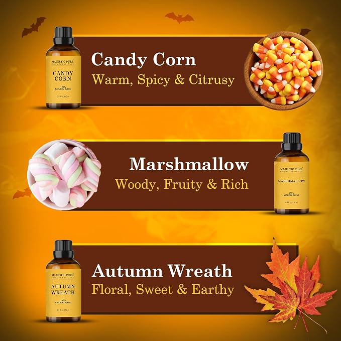 MAJESTIC PURE Essential Oil Blends Gift Set, 100% Pure & Natural Halloween Collection - Autumn Wreath, Pumpkin Pie, Candy Corn, Marshmallow, Night Air, Caramel Corn - 2 Fl oz