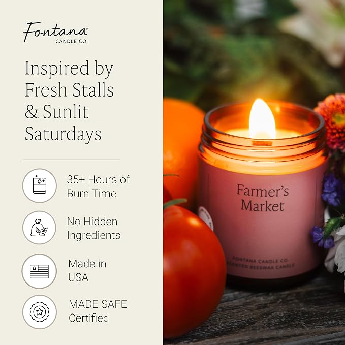 Fontana Candle Co Wood Wick Beeswax Jar Candle, Farmer's Market – Made Safe with Coconut Oil & Pure Essential Oils – 35+ Hrs Clean Burn, Long Lasting and Non-Toxic Candles for Home & Room Decor