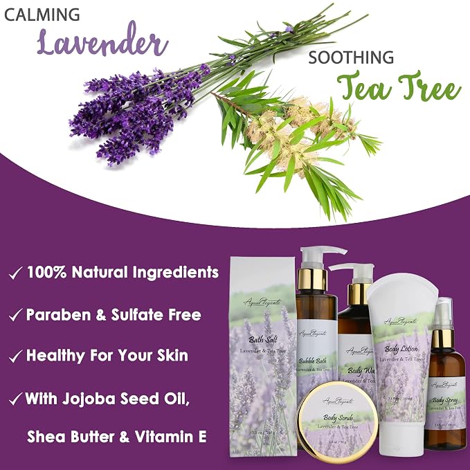 Aqua Elegante Spa Gift Basket - Luxury Bath Set with Body Wash, Bubble Bath, Lotion, Salts, Scrub, Spray, Shower Puff, Towel, Gifts for Women, Mom, Wife, Her - Lavender & Tea Tree Oil