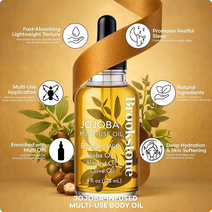 Brookstone Jojoba Multi-Use Essential Oil - Enriched with Jojoba, Almond & Olive Oil - Body, Hair & Skincare Oil