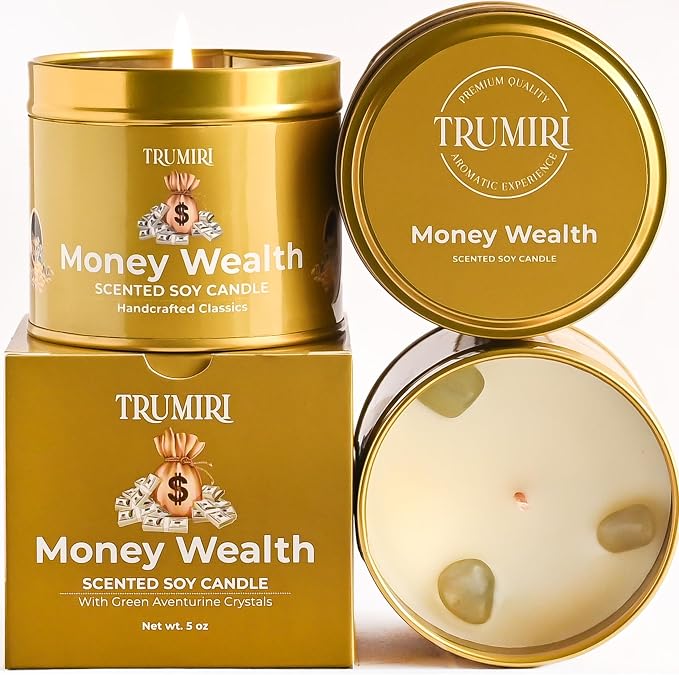 Money Wealth - Crystal Candles for Home Scented - 5oz Soy Wax Natural Clean Organic Non Toxic with Essential Oils - for Real Cash Luck Manifestation Aromatherapy Gift Bathroom - Long Lasting Candel