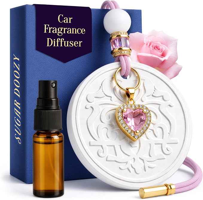 Luxury Car Air Freshener for Women - Refillable & Portable Luxury Fragrance Diffuser - Cute Car Accessories & Interior Decor - Mirror Hanging or Vent Clips - Pink Heart Charm, Rose Scent