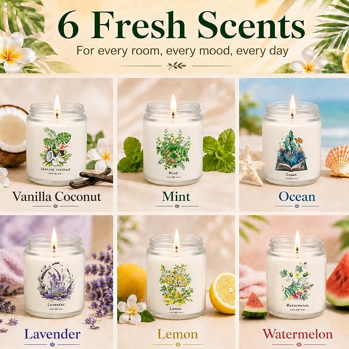 6 Pack Scented Candles Gift Set for Women, Soy Wax Jar Candles for Home, 37.8 oz Total Up to 300 Hours Burn Time, Fresh Scents, Lavender Lemon Mint Ocean Watermelon Vanilla Coconut