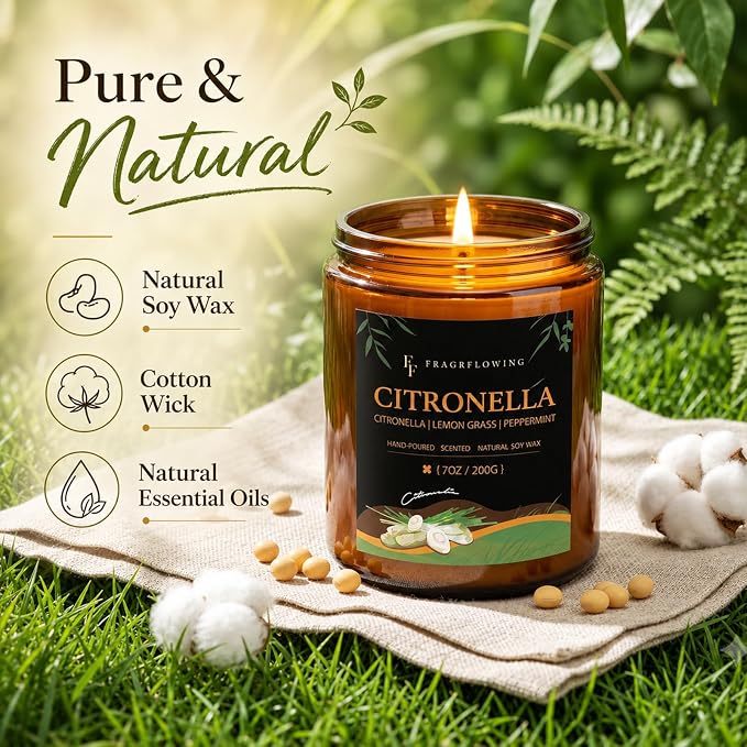 Citronella Candle, Indoor Outdoor Lemongrass Scented Candle，Natural Soy Wax Jar Candle, 50-Hour Burn Time, 7 oz