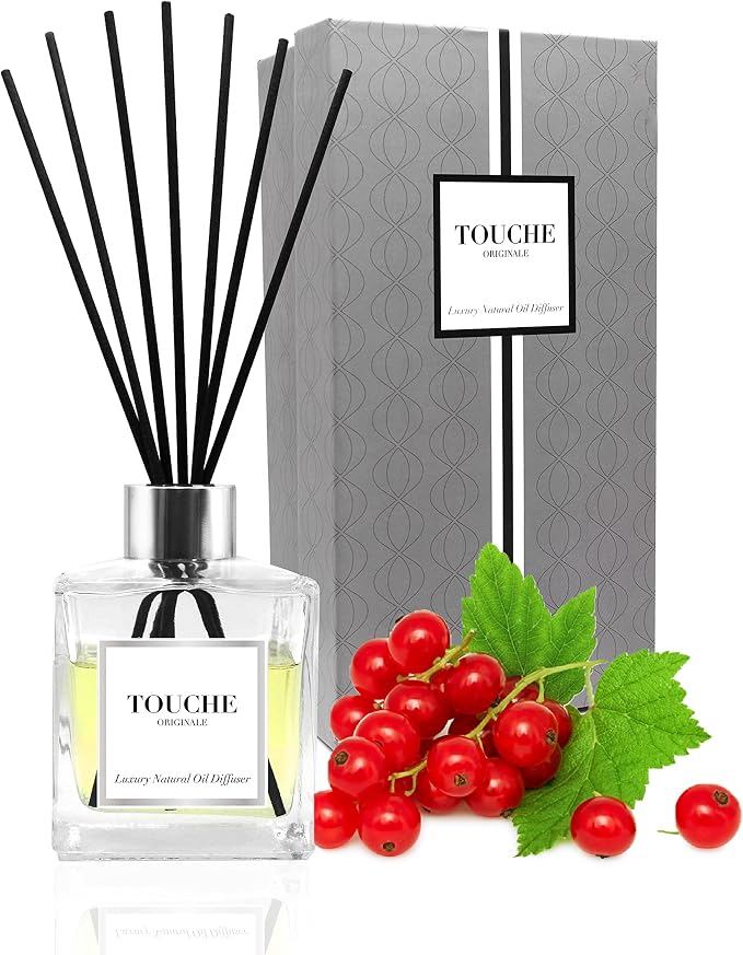 Touche Luxury Natural Reed Diffuser. Long Lasting Scented Home Fragrance. Natural Essential Oil Alcohol-Free. 4.75 OZ. Glass Bottle (Red Currant & Berries - Clear Bottle)