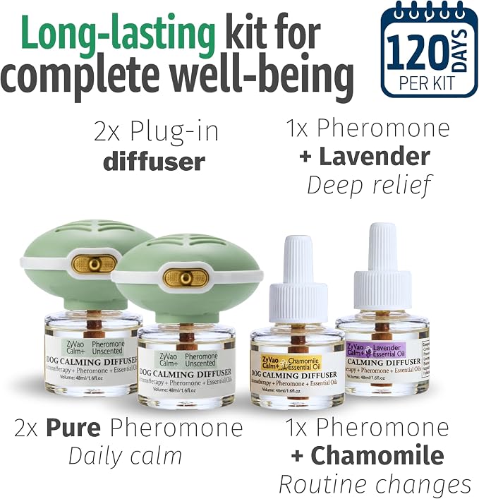 120 Days Advanced Dog Calming Diffuser Kit with Pheromones + Lavender & Chamomile for Anxiety Relief, Dog Pheromones Calming Diffuser Plug-in - 2 Diffusers & 4 Refills